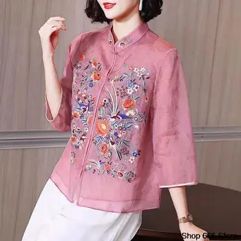 2023Summer Šifon Dámské Oblečení Tradiční Čínské Slečno Oblečení Jaro Čínské Qipao Vyšívané Košile Etnické Módní Top