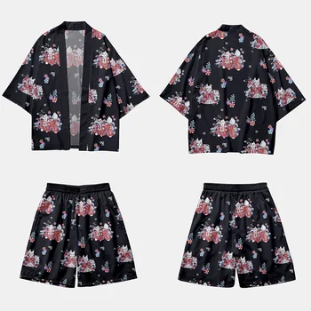 Módní Černá Kočka Tisk Harajuku Kimono Šortky Sady dvoudílný Oblek Yukata Japonské Tradiční Svetr Ženy Muži Haori