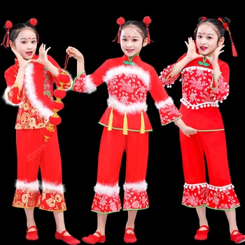 Čínský Styl Hanfu Lidový Tanec, Kostýmy, Tradiční Fanoušek Deštník Tanec Nosit Dívky, Děti, Červená Klasická Yangko Taneční Kostýmy