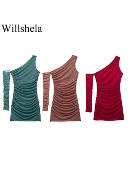 Willshela Ženy Módní Solidní Skládaný Mini Šaty Vintage Asymetrické Krk Rameno Dlouhé Rukávy Ženské Elegantní Dáma Šaty