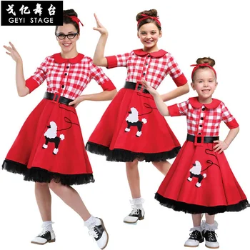 Halloween Dámské rodič-dítě kostým světově proslulé rodiny série padesátých červená kostkovaná modrá dot šaty
