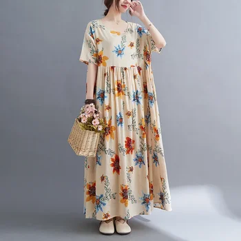 2023 Nové Letní Módní Vintage Chic Šaty pro Ženy Kulatý Výstřih Krátký Rukáv Tisk Mini Šaty Dámské krásné Dámské Šaty