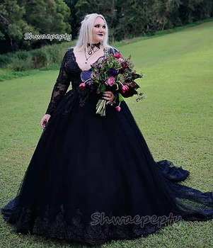 Dlouhé Rukávy Černé Svatební Šaty Krajkové Nášivky Tylu Čáru Gothic Svatební Šaty V-Neck Krajka-up Plus Velikost Retro Vestidos