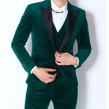 Tmavě Zelené Sametové Slim fit Muži Obleky na Ples 3 ks Černá Vrcholila Klopě Svatební Ženich Oblek Vlastní Muž Módní Oblečení Set