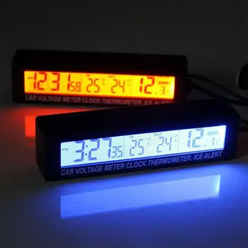 3 In1 Auto Digitální LCD Elektronické Hodiny s Teploměrem Zobrazení Teploty A Napětí Monitor Přenosný Auto Modré, Oranžové Podsvícení