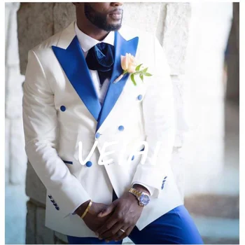 Bílý, Modrý, Nový Styl Slim Oblek Ležérní Kabát 2 Kusy Plus Velikost Svatební Podnikání Pánské Formální Sako Kalhoty Set