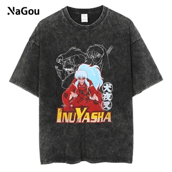 Harajuku Černá Vintage Washed T-Shirt Anime InuYasha Print T Shirt Letní Bavlna Muži Tričko Nadrozměrné Krátký Rukáv Trička Topy Y2K