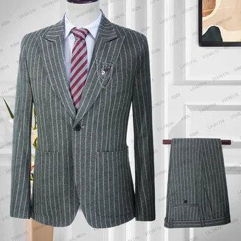 2023 Nový Kostým Homme Obchodní Letní Slim Fit, 2 Ks Set Grey Povlečení White Stripe Pánské Obleky Ženich Smokingy Svatební Bunda Kalhoty