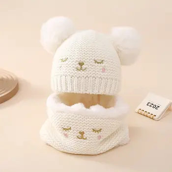 3-15 měsíců Taška Pletená Čepice Šátek Ochranu sluchu Zimní Teplé Děti Plyšové Hat Scarf Set luxusní Bílé Bambulky Beanies