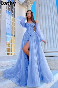 Dathy Nádherné Modré Dlouhé Rukávy Ples Šaty Nejvíce Ohromující Šaty Špagety Popruh Večerní Šaty Luxusní 2023
