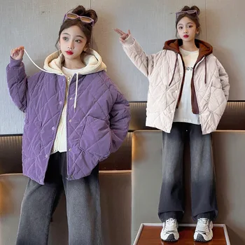 2023 Korejské Zimní Teenager Dívka S Kapucí Bavlna, Bunda Základní Dívka Falešné Dva Kusy Vynosit Junior Girl Barva Blokování Kabát