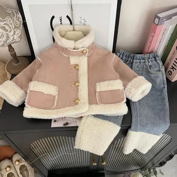 Dívčí Kabát Podzim a Zima Jižní Korea dětského Oblečení New Baby Západní Styl Kožešiny Integrovaný Fleece lemované Teplé Zahuštěný