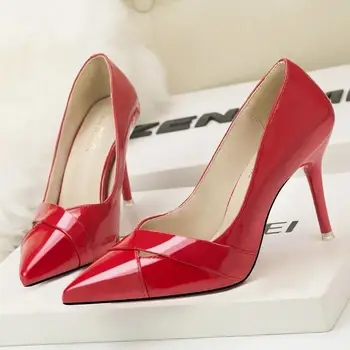 Zapatos De Mujer Ženy Lehká Váha Patent Kožené Jarní nazouvací Jehlové Podpatky Lady Klasické Černé Kancelářské Boty na Podpatku C137