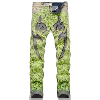 Muži Y2K Džínové Džíny Neon Zelené Spider Web Výšivky, Záplaty Kalhoty Streetwear Vintage Blue Non Úsek Rovné Kalhoty