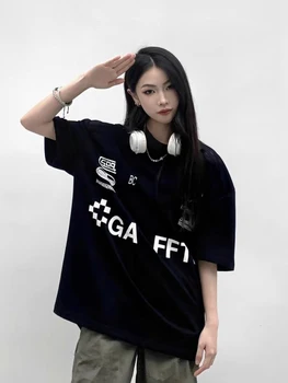 Korean Vintage Streetwear Dopis Kpop Acubi Harajuku Ženy Krátký Rukáv T-Košile Grunge Estetiky Oversized Topy Y2K Oblečení