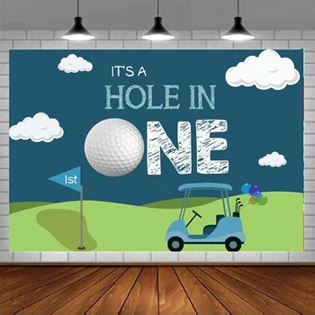 Hole In One 1. Narozeniny Fotografické Pozadí Pro Strany Modré Obloze Bílé Mraky, Tráva, Pozadí, Golf Sportovní Dort, Stůl Dekor