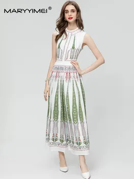 MARYYIMEI Letní Módní Dámské šaty bez Rukávů Crystal korálek řetězce Indie Folk Floral-Print Slim elegantní Skládaný Šaty