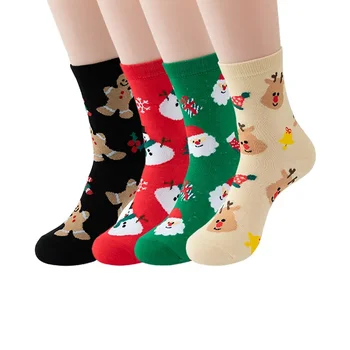 Módní Nové Vánoční Bavlněné Ponožky Cartoon Vánoční Trubice Červená Zelená Černá Vzor Dámské Trend Pohodlné Ponožky