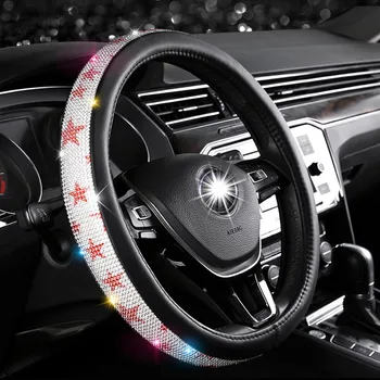 Luxusní Kamínky Crystal Pentagram Auto Volant Kryt PU Kožené omotávky Případě Auto Příslušenství se Vejde 36-38CM