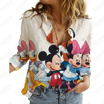 Disney Mickey A Halenky Ženy Zase Dolů Límec Temperament Ležérní Top Jaře A Na Podzim Dlouhý Rukáv Módní Trend Blous