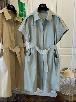 Temperament pracovní Oděvy Pás Splice Šaty pro Děti Dojíždějící Design Smysl 2023 Letní Polo Krk Krátký Rukáv Střední Délka Šaty