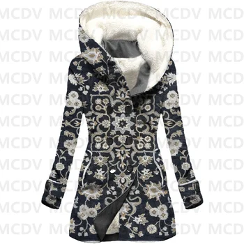 Retro Vzor Vytisknout Fleece s Kapucí Plášť Tlusté Ženy Teplý Kabát dámský Teplý Zimní Kabát Ležérní Oblečení