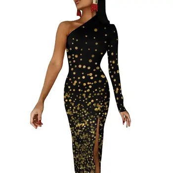 Gold Dot Dlouhé Šaty Ženy Vintage Print Estetické Maxi Šaty Podzim Elegantní Bodycon Šaty Boční Split Design Oblečení