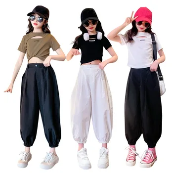 Dětské Oblečení Korejské Streetwear Létě O-Neck Crop Top + Tepláky Set Dospívající Dívky Ležérní Styl Oblečení 5 Do 14 Let