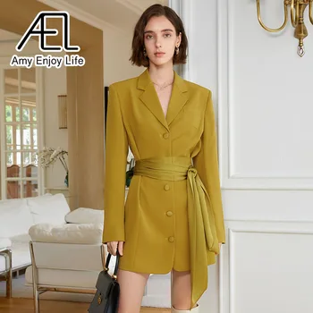 AEL Sako Šaty Pro Ženy Krajka-Up Střední Pasu Elegantní Slim Minišaty Móda Streetwear Tmavě Žlutá