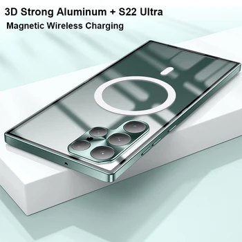 Magnetické Bezdrátové Nabíjení Pouzdro Pro Samsung Galaxy S22 Ultra S23 S21 Plus S20 FE Kovové Nárazník Hliník Transparentní Kryt Telefonu
