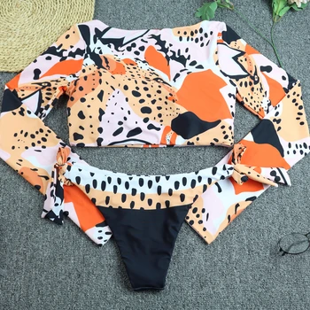 Leopard Ženy, Sexy Bikiny 2023 Opalovací Krém Plavky Ženy Dlouhý Rukáv Obvaz Plavky Bikiny Push Up Letní Plavky Bandeau