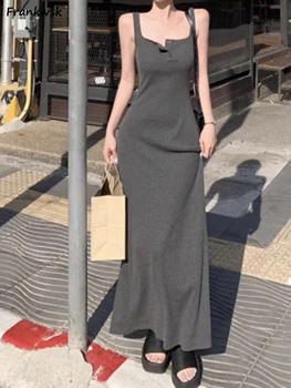Solidní Šaty Ženy Slim Elastické Hotsweet Streetwear korejský Styl Simple All-zápas Letní Tenké Tlačítko Délka Kotník Elegantní