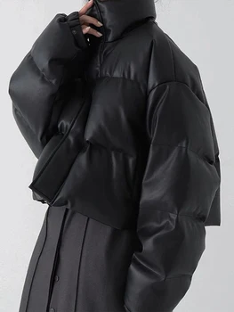 Dolů Polstrování Kabát Ženy, Korean Módní Vintage PU Kožené Krátké Bundy Ženy Zimní Teplé Ležérní Stojan Límec na Zip Svrchní oblečení