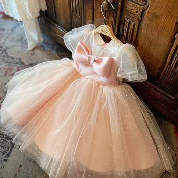 High-end Dětské Šaty pro mládež Průvod plesové šaty růžové načechraný luk Princezna svatební Party Šaty pro dívky šaty 2023 Dětské oblečení