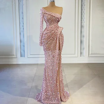 Růžová Mořská panna Vysoká Split Večerní Šaty 2021 Luxusní Korálky Zdobený Elegantní Dlouhý Rukáv Plesové Šaty vestidos