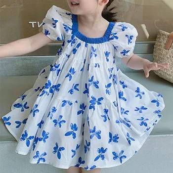 Oblečení pro Dívky Barev Kolem Krku-line Sukně Módní korejské Skládaný Butterfly Tisk Krátký Rukáv Mid Šaty