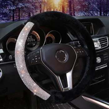 Nové Zimní Plyšové Srsti Auto Volant Kryt Diamond Crystal Volant Pokrývá Interiér Auta Doplňky Pro Ženy, Dívky