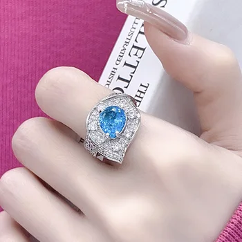 Luxusní Ženy Vody Drop List Zásnubní Prsteny AAA Modré Zirkony Návrh 925 Stříbrné Prsteny pro Přítelkyni Dárek k Výročí