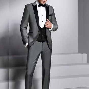 Luxusní Pánské Obleky Grey Single Breated Vrcholila Klopě Formální 3 Ks Sako Kalhoty Vesta Smart Casual Office Elegantní Svatební Ženich